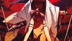 Fire moon weapons Katana Anime dress Swords long hair pink eyes 