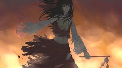 Fire navel red dress bows outdoors skirts long hair anime girls 