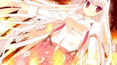 Fire navel white hair red eyes Ribbons bows long hair anime 