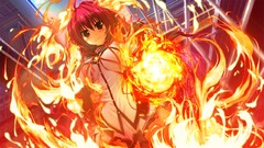 Fire red eyes Ribbons flames schoolgirls skirts blush long hair 