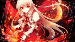 Fire red white hair red eyes Ribbons flames bows pants smiling 