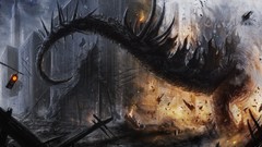 Fire ruins paintings Dinosaurs fantasy art