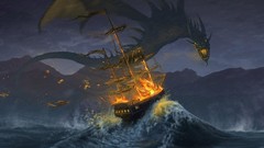 Fire ships Dragons waves fantasy art