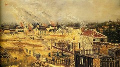 Fire smoke French paintings houses cityscapes artwork 