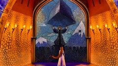 Fire stained glass arches long hair white dress gas masks mural 