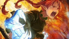 Fire teeth dress claws fangs red eyes bows long hair anime 