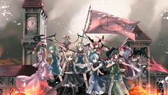 Fire weapons Anime Flags red eyes Swords clocks blondes blue 