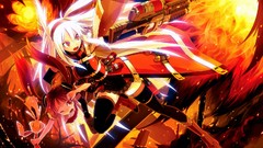 Fire weapons Guns white hair red eyes long hair anime girls 