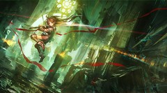 Fire weapons Shoes Katana red eyes Ribbons Swords flames skirts 