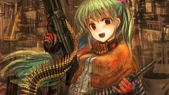 Fire weapons Skyscrapers fangs Knives red eyes gloves houses 