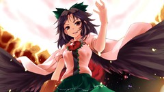 Fire weapons wings close-up red eyes bows skirts long hair 