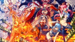 Fire weapons wings horns red eyes gloves blue hair pink hair 