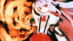 Fire white hair red eyes flames bows pants long hair anime 