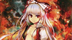 Fire white hair red eyes flames bows shirts long hair anime 