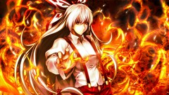 Fire white hair red eyes flames bows shirts pants long hair 