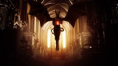 Fire wings horns apocalyptic architecture sunlight demons 