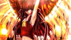 Fire wings navel red eyes bows long hair armpits brunettes 