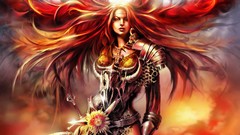 Fire woman armor red eyes redheads artwork fantasy art