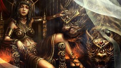 Fire woman cats Monsters artwork fantasy art female warriors