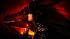 Fire woman Guns Dragons lava horns Swords fantasy art