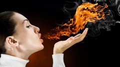 Fire woman smoke flames brunettes