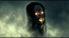 Fire woman tears saliva long hair glowing brunettes open mouth 