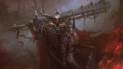 Fire woman weapons horns armor red eyes Swords chains artwork 