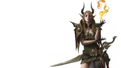 Fire woman white background horns armor Swords artwork fantasy 