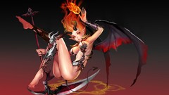 Fire woman wings horns red eyes scythe tails Succubus artwork 
