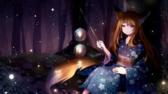 Fireflies sitting kimono lanterns blondes long hair forests 