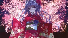 Fireworks kimono outdoors long hair anime girls purple hair 