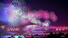 fireworks night cityscape boat sky colorful