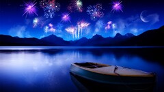 fireworks night water digital art colorful boat Mountains
