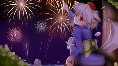Fireworks white hair red eyes kimono outdoors touhou inubashiri 