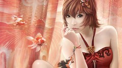 Fish anime girls brown eyes bare shoulders cleavage realistic