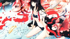 Fish Anime navel long hair barefoot anime girls green eyes 