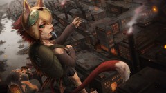 Fish Dogs Anime buildings anime girls tails