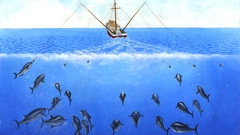 Fish ships fishing underwater