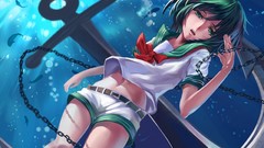 Fish underwater chains anime girls green eyes green hair touhou 