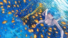 Fish underwater red eyes blue hair anime girls short hair 