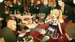 Flat woman food dress chest anime girls green eyes twintails