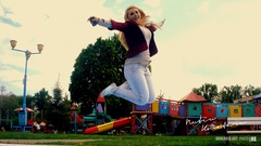 Flat woman Parks blondes jumping blue skies
