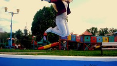 Flat woman Parks blondes jumping blue skies swimming pools