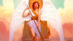 Flight woman wings feathers Pillars angels blue eyes skies 