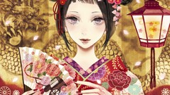 Floral kimono anime girls black hair Chinese dragon Japanese 
