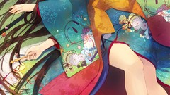 Floral long hair barefoot anime girls bare shoulders 