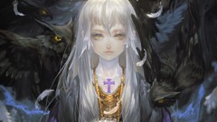 Flowers Animals Birds feathers dress white hair long hair anime 