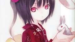 Flowers Animals dress white background red eyes red dress 