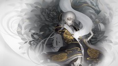 Flowers Animals white woman Dragons white hair kimono fans long 