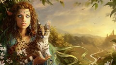 Flowers Animals woman cats artwork fantasy art